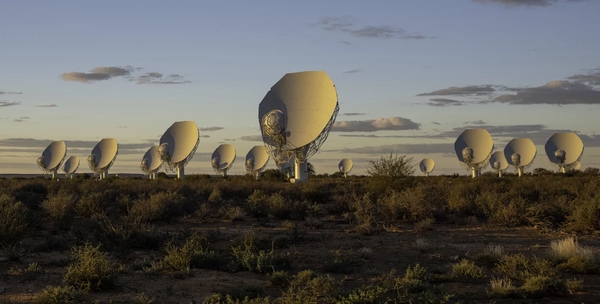 Ein Teil der Antennen MeerKAT-Radioteleskopnetzwerks in der Karoo-Region in Südafrika. (Bild: SARAO)