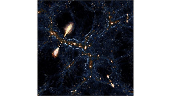 Darstellung wie Jets Galaxien durchdringen Diese künstlerische Darstellung zeigt eine fiktive Anordnung von riesigen Jets, die das kosmische Netz durchdringen. Jets treten aus einer Galaxie aus, durch die Netzstruktur hindurch, bis in die Bereiche der kosmischen Leerräume. Die Entdeckung der Riesen-Plasmastrahlen „Porphyrion“ deutet darauf hin, dass Jets im frühen Universum die Entstehung von Galaxien stärker beeinflusst haben könnten als bisher angenommen. (Bild: Martijn Oei (Caltech) / Dylan Nelson (IllustrisTNG Collaboration). Some details were created with the help of AI.)