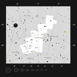 Diese Karte zeigt die Position des Nebels R Doradus im Sternbild Dorado (Schwertfisch) der südlichen Hemisphäre. Diese Abbildung zeigt die meisten Sterne, die bei guten Sichtverhältnissen mit bloßem Auge sichtbar sind. Die Position des Sterns selbst ist mit einem roten Kreis markiert. (Bild: ESO, IAU and Sky & Telescope)