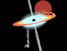 Diese künstlerische Darstellung zeigt die NASA-Raumsonde Imaging X-ray Polarimetry Explorer (IXPE) (unten links), die das neu entdeckte Doppelsternsystem Swift J1727.8-1613 aus der Ferne beobachtet. Im Zentrum befindet sich ein Schwarzes Loch, umgeben von einer Akkretionsscheibe (gelb und orange) und einer heißen, sich bewegenden Korona (blau). Das schwarze Loch saugt Gas von seinem Begleitstern ab, der hinter dem schwarzen Loch als rote Kugel zu sehen ist. Von beiden Polen des Schwarzen Lochs strömen Strahlen schnell bewegter, überhitzter Teilchen aus. (Bild: Marie Novotná)(Bild: Marie Novotná)